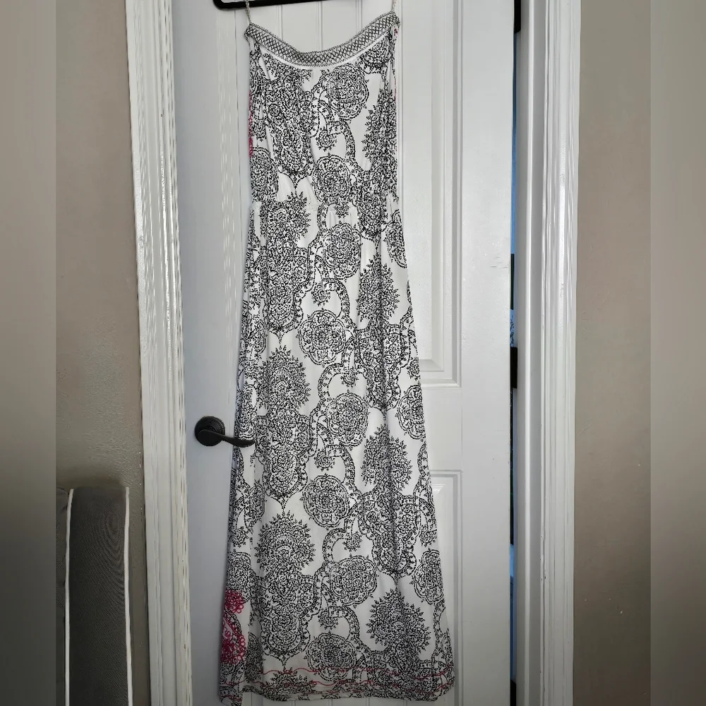 Hale Bob Strapless Maxi Dress Black White Paisley Pink Embroidered Drawstring S - Picture 14 of 14